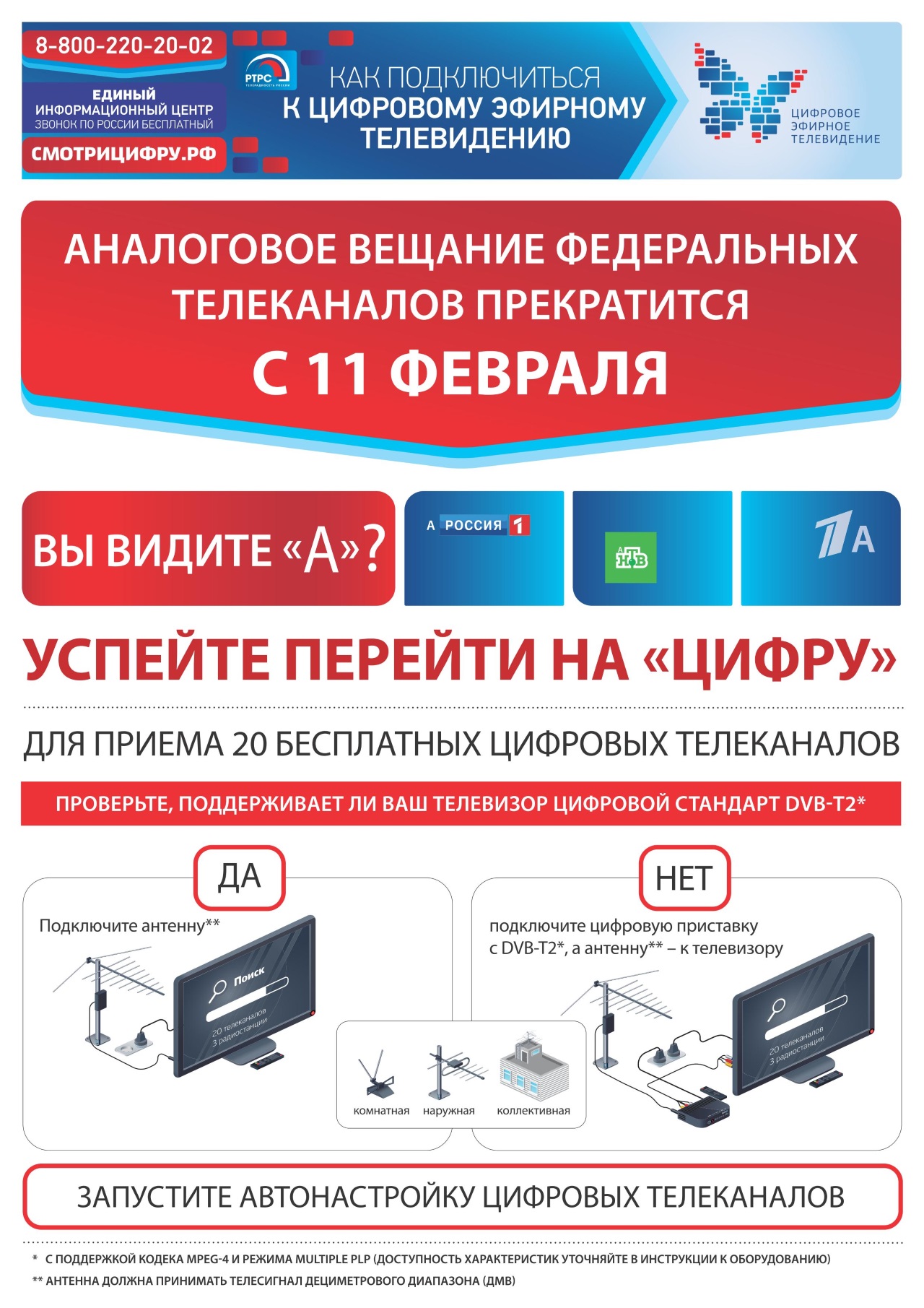 Аналоговое вещание Федеральных телеканалов прекратится с 11 февраля. Успейте перейти на "Цифру"!