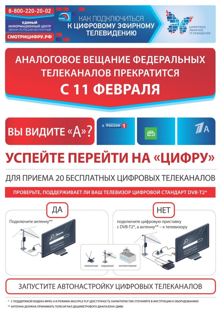 Аналоговое вещание Федеральных телеканалов прекратится с 11 февраля. Успейте перейти на "Цифру"!